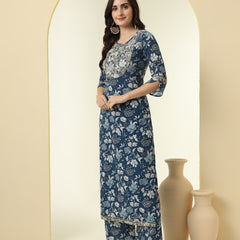 Floral Printed Sequinned Round Neck Pure Cotton Straight Kurta With Palazzos