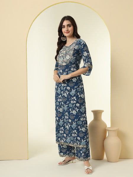 Floral Printed Sequinned Round Neck Pure Cotton Straight Kurta With Palazzos