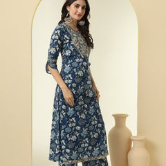 Floral Printed Sequinned Round Neck Pure Cotton Straight Kurta With Palazzos