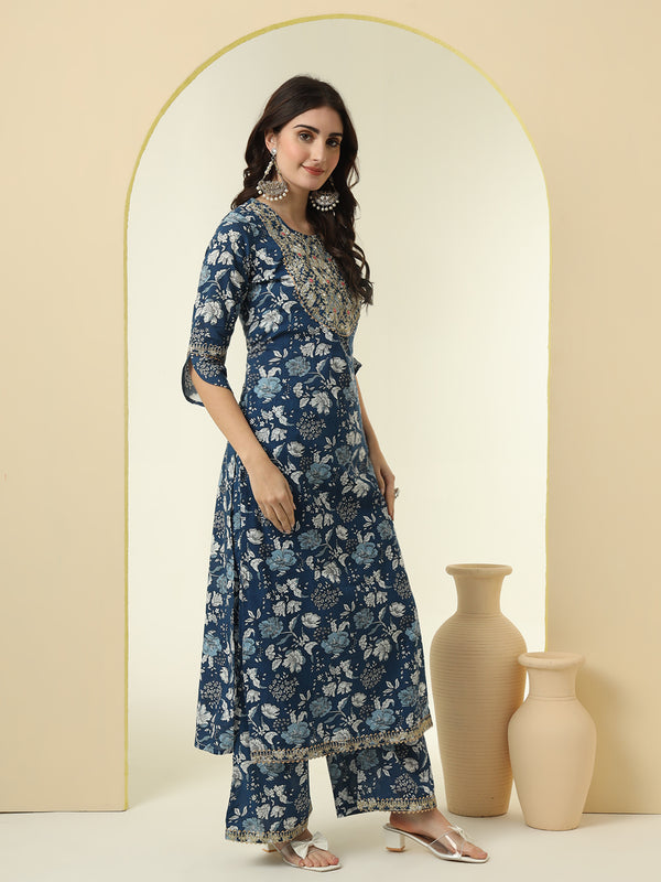 Floral Printed Sequinned Round Neck Pure Cotton Straight Kurta With Palazzos