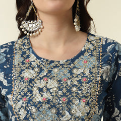 Floral Printed Sequinned Round Neck Pure Cotton Straight Kurta With Palazzos