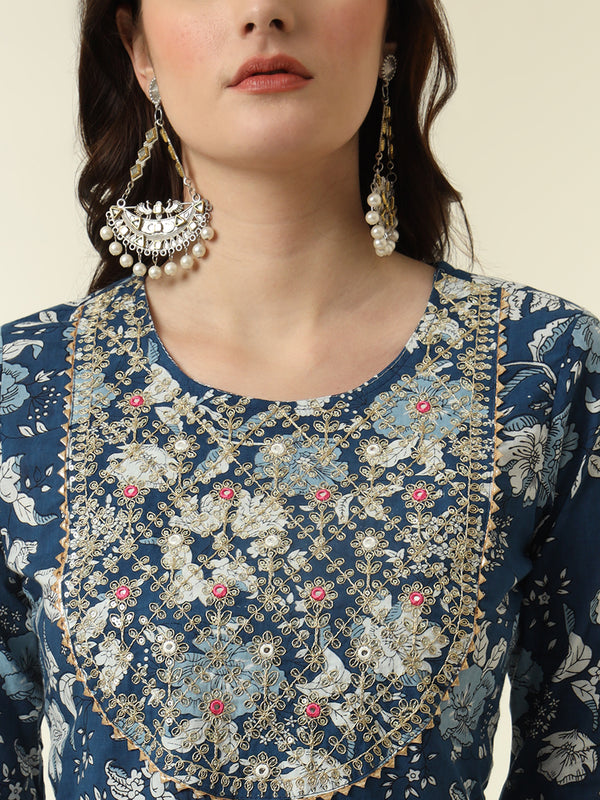 Floral Printed Sequinned Round Neck Pure Cotton Straight Kurta With Palazzos