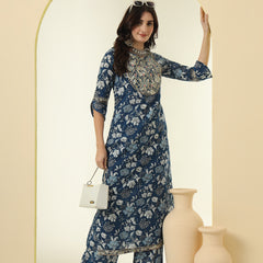Floral Printed Sequinned Round Neck Pure Cotton Straight Kurta With Palazzos