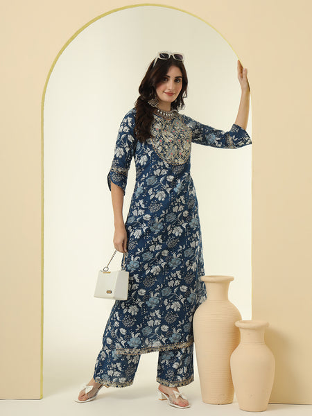 Floral Printed Sequinned Round Neck Pure Cotton Straight Kurta With Palazzos