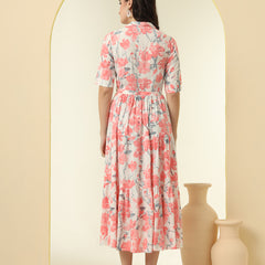 Pink Floral Printed Fit & Flare Midi Dress