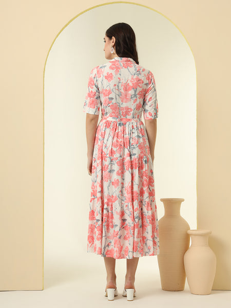 Pink Floral Printed Fit & Flare Midi Dress