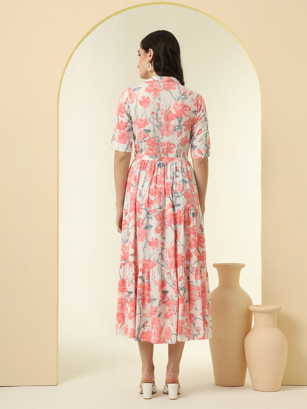 Pink Floral Printed Fit & Flare Midi Dress