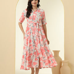 Pink Floral Printed Fit & Flare Midi Dress