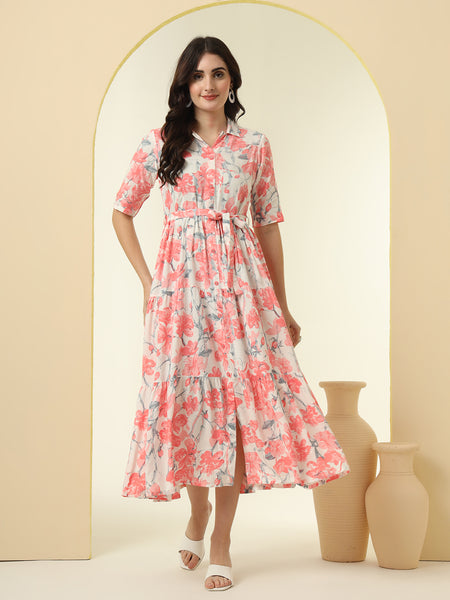 Pink Floral Printed Fit & Flare Midi Dress