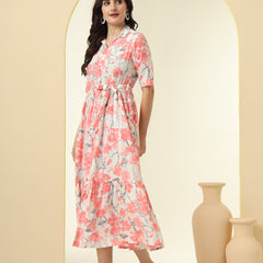 Pink Floral Printed Fit & Flare Midi Dress