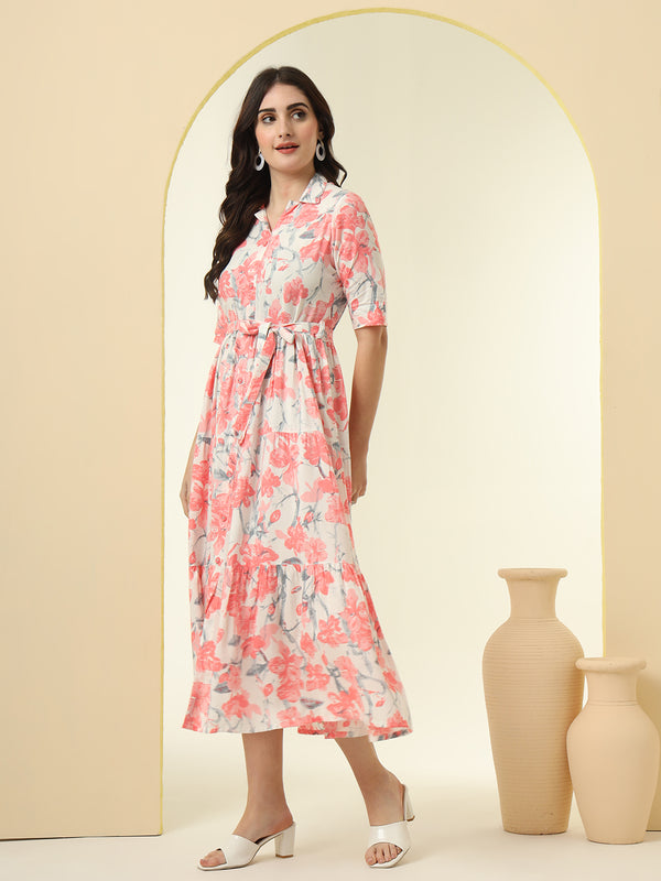 Pink Floral Printed Fit & Flare Midi Dress