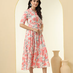 Pink Floral Printed Fit & Flare Midi Dress