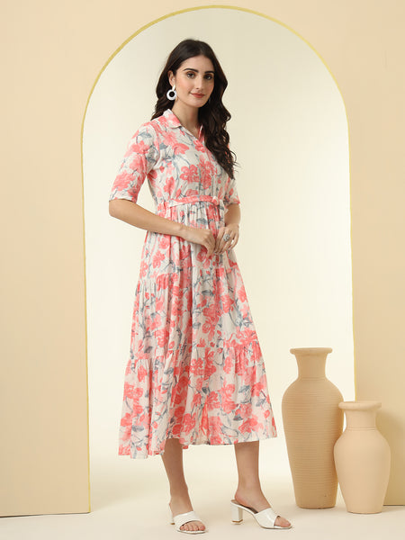 Pink Floral Printed Fit & Flare Midi Dress