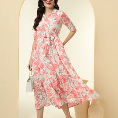 Pink Floral Printed Fit & Flare Midi Dress