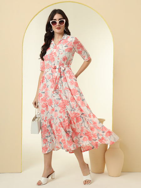 Pink Floral Printed Fit & Flare Midi Dress