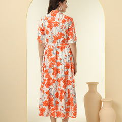 Orange Floral Printed Fit & Flare Midi Dress