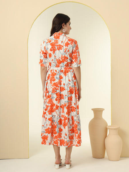 Orange Floral Printed Fit & Flare Midi Dress