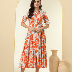 Orange Floral Printed Fit & Flare Midi Dress