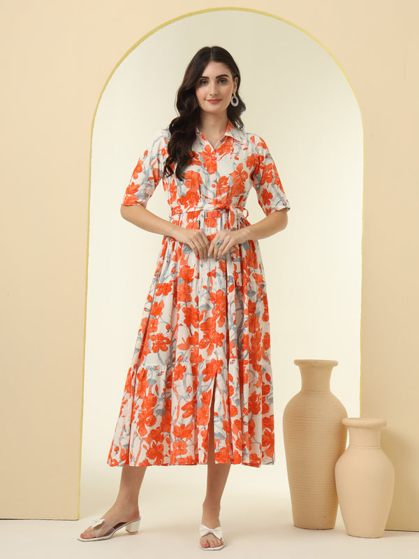 Orange Floral Printed Fit & Flare Midi Dress