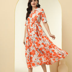 Orange Floral Printed Fit & Flare Midi Dress