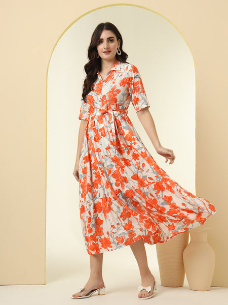 Orange Floral Printed Fit & Flare Midi Dress