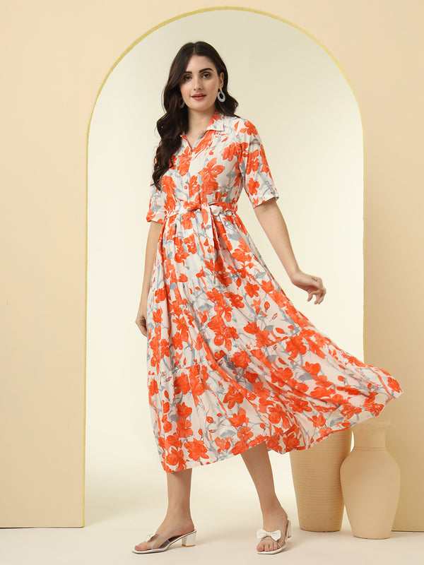 Orange Floral Printed Fit & Flare Midi Dress