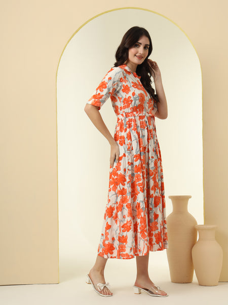 Orange Floral Printed Fit & Flare Midi Dress
