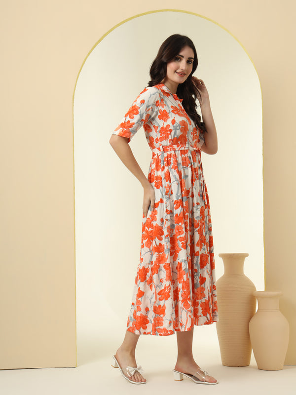 Orange Floral Printed Fit & Flare Midi Dress