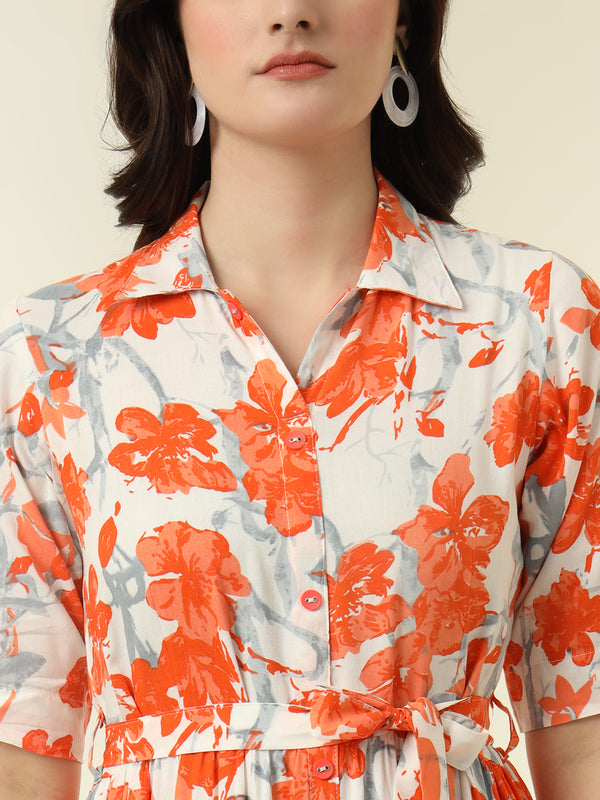 Orange Floral Printed Fit & Flare Midi Dress