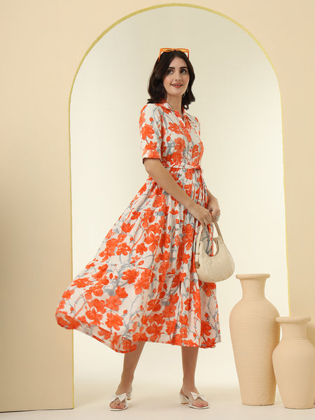 Orange Floral Printed Fit & Flare Midi Dress