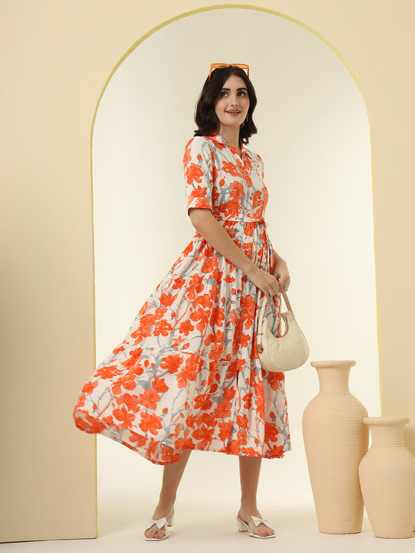 Orange Floral Printed Fit & Flare Midi Dress