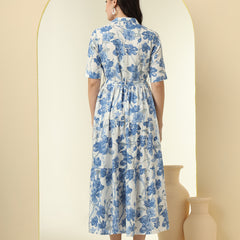 Blue Floral Printed Fit & Flare Midi Dress