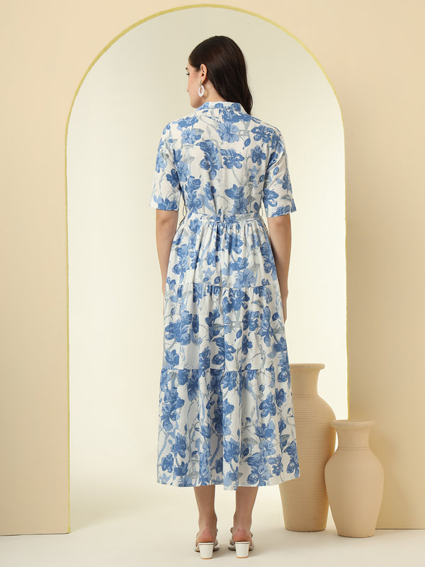 Blue Floral Printed Fit & Flare Midi Dress