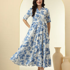 Blue Floral Printed Fit & Flare Midi Dress