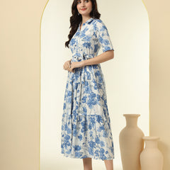 Blue Floral Printed Fit & Flare Midi Dress