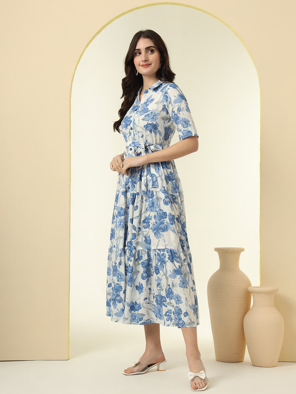 Blue Floral Printed Fit & Flare Midi Dress