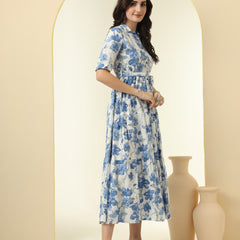 Blue Floral Printed Fit & Flare Midi Dress
