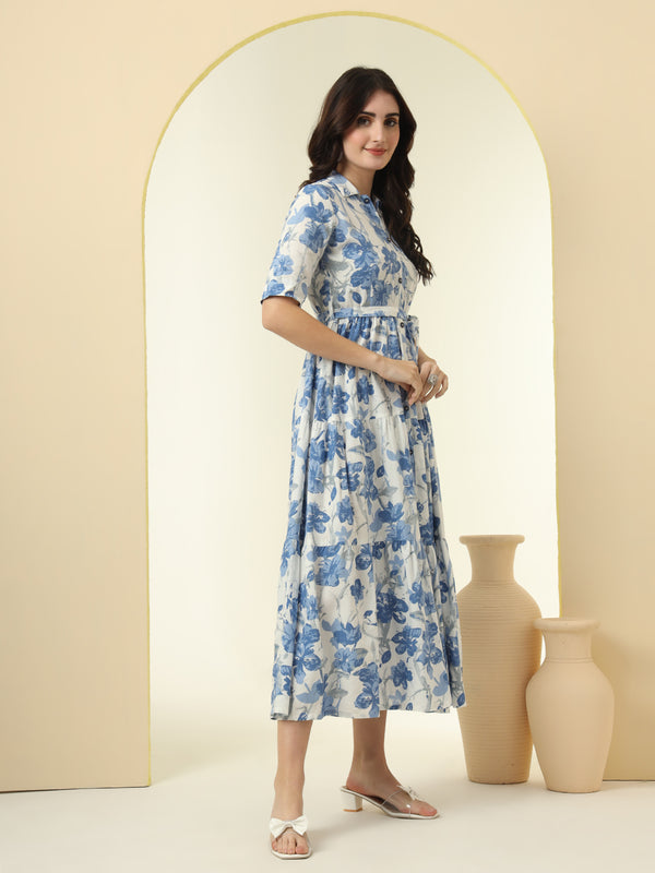 Blue Floral Printed Fit & Flare Midi Dress