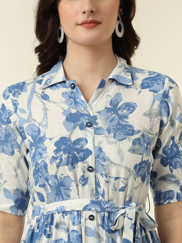 Blue Floral Printed Fit & Flare Midi Dress