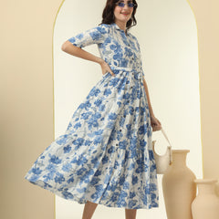 Blue Floral Printed Fit & Flare Midi Dress