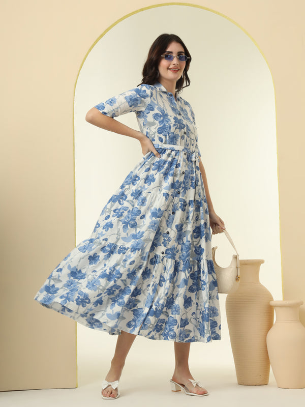 Blue Floral Printed Fit & Flare Midi Dress