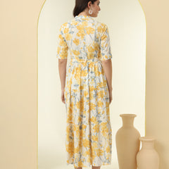 Yellow Floral Printed Fit & Flare Midi Dress