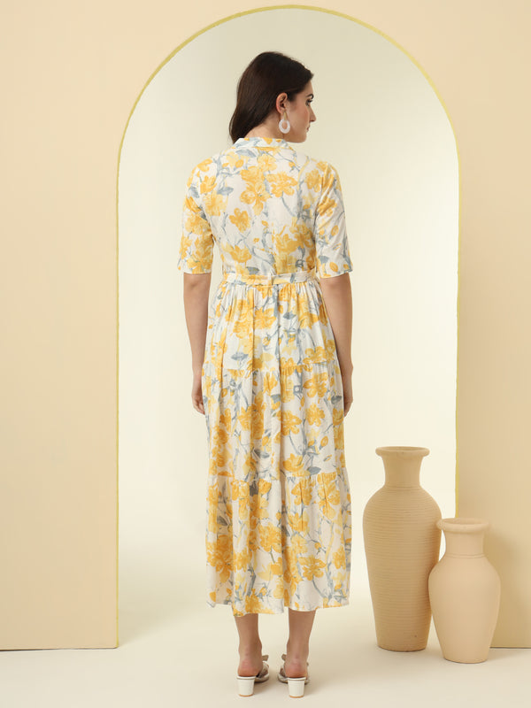 Yellow Floral Printed Fit & Flare Midi Dress