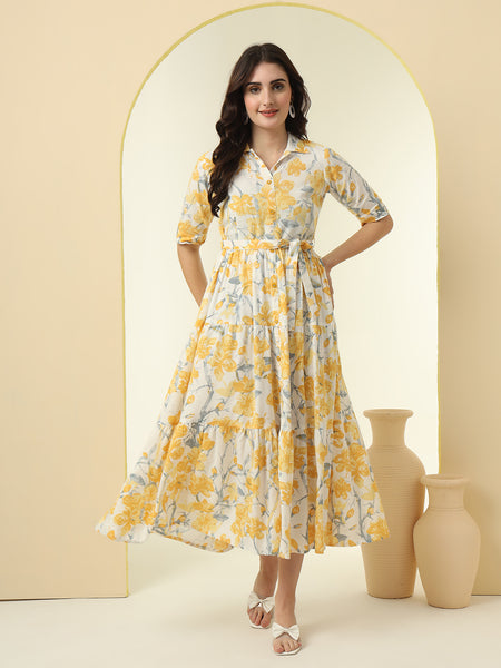 Yellow Floral Printed Fit & Flare Midi Dress