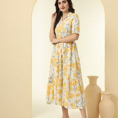 Yellow Floral Printed Fit & Flare Midi Dress