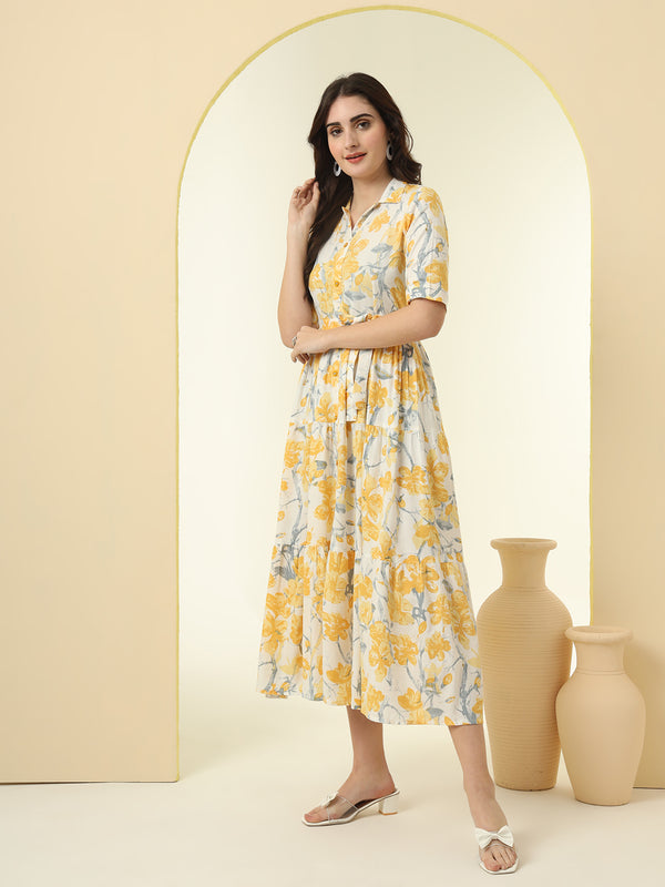 Yellow Floral Printed Fit & Flare Midi Dress