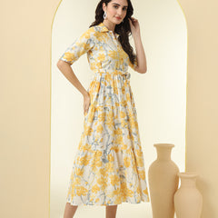 Yellow Floral Printed Fit & Flare Midi Dress