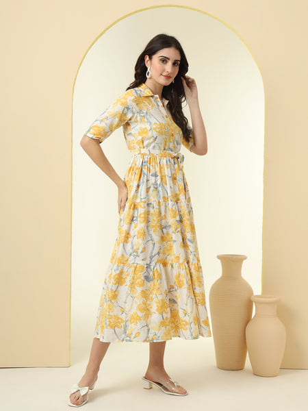 Yellow Floral Printed Fit & Flare Midi Dress