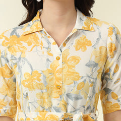 Yellow Floral Printed Fit & Flare Midi Dress