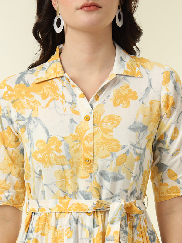 Yellow Floral Printed Fit & Flare Midi Dress